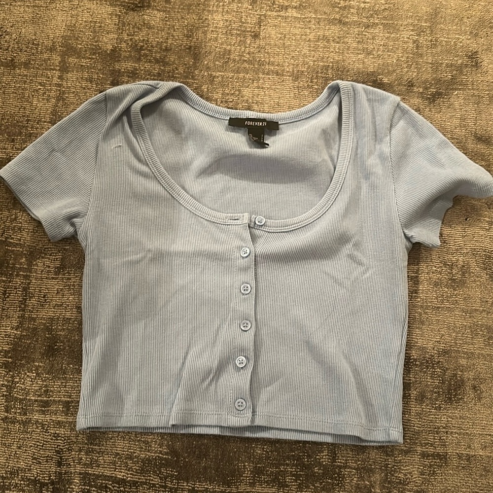 Forever 21 Blue Button Up Crop Top